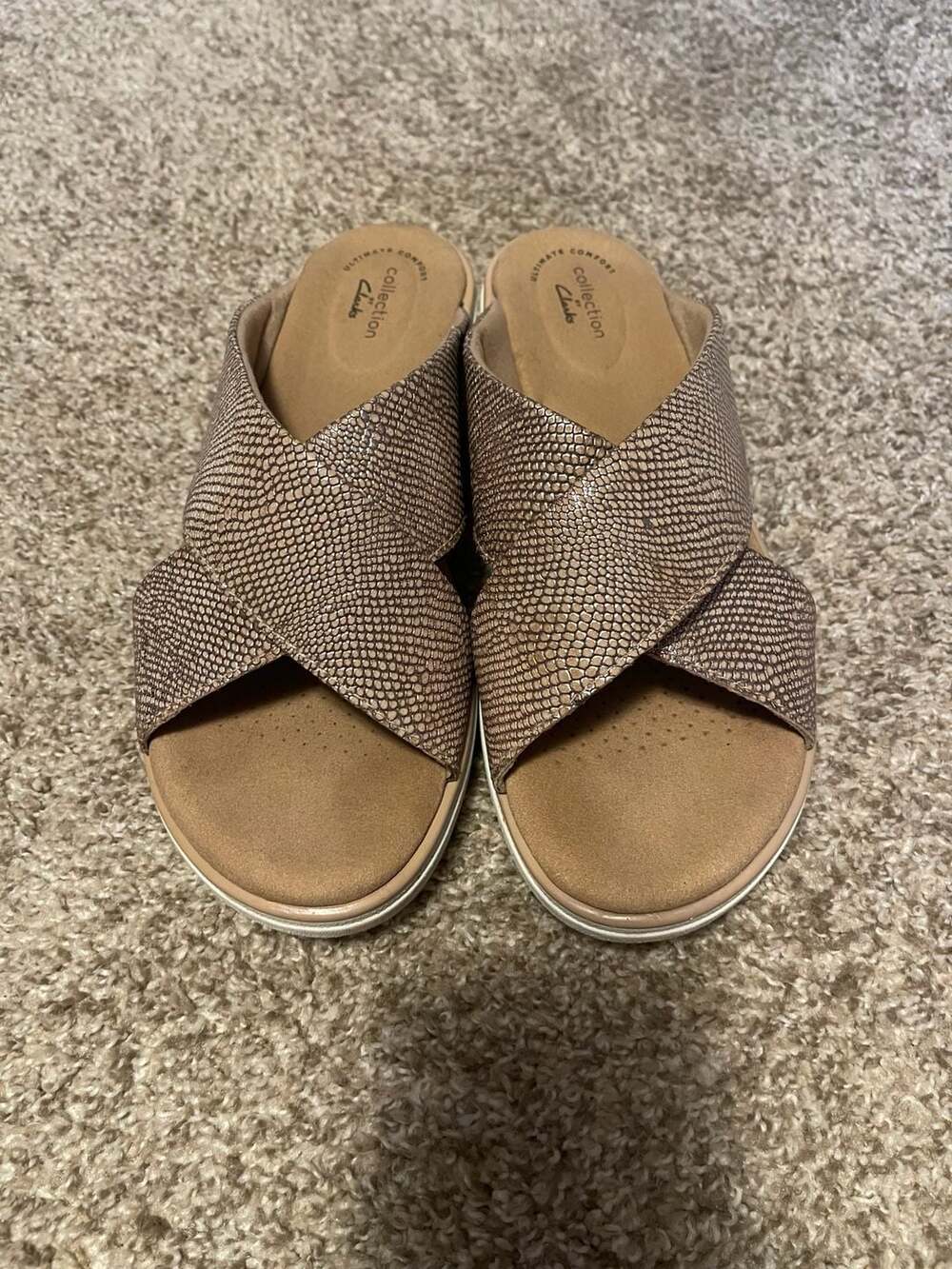 Clarks Collection Women's Metallic Gold Snake Print Wedge Sandals 9